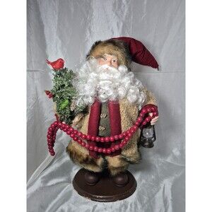 Vintage Old World Santa Fur Trim Coat Red Wood Beads & Tree 17"H x 8"W Stand